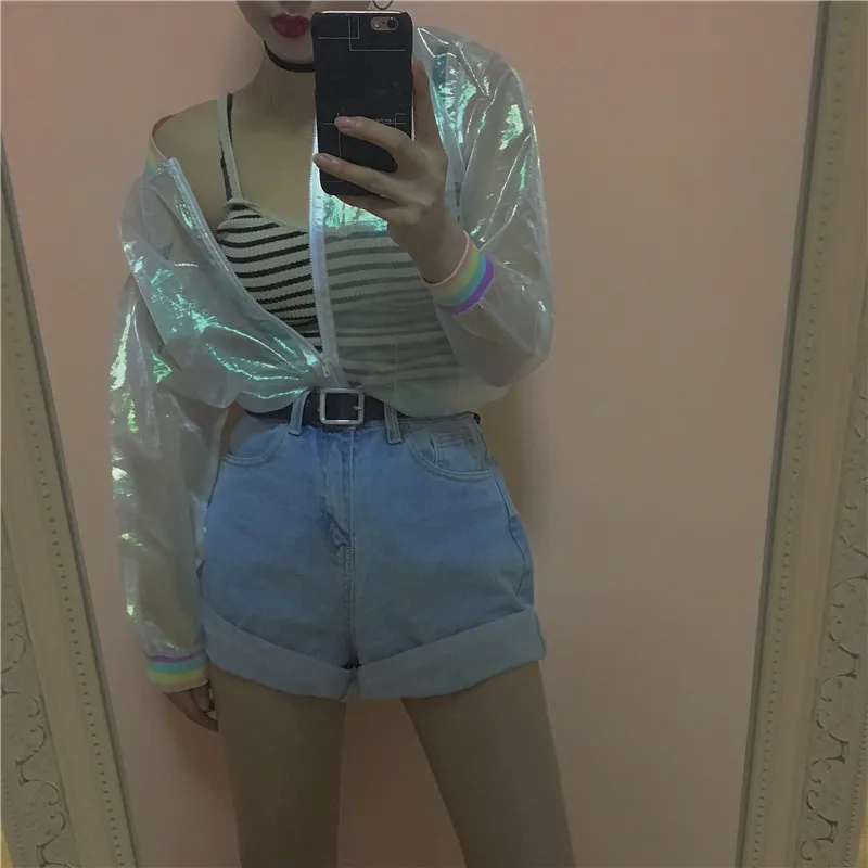 Summer Women Jacket Laser Rainbow Symphony Hologram Women BasicCoat Clear Iridescent Transparent Bomber Jacket Sunproof
Summer Women Jacket Laser Rainbow Symphony Hologram Women BasicCoat Clear Iridescent Transparent Bomber Jacket Sunproof