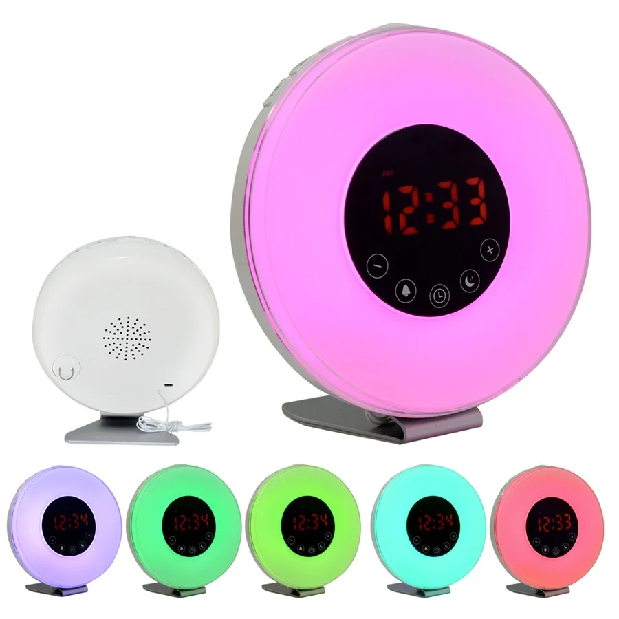 Цифровой светодиодный ночник Sunrise Wake Up с будильником и FM радио цветной для детей