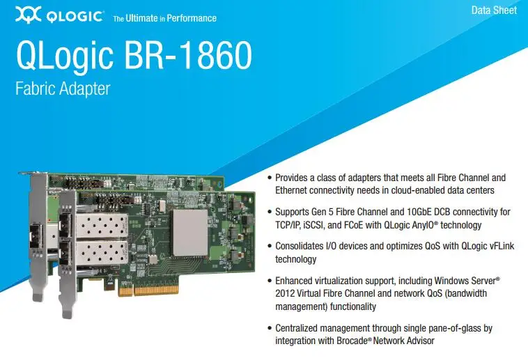 RaidStorage QLogic Brocade BR-1860-1P 1 Port 10Gbps Gen 5 SFP+ FC SR-Optic PCIe Controller Fibre Channel Adapters HBA Card
RaidStorage QLogic Brocade BR-1860-1P 1 Port 10Gbps Gen 5 SFP+ FC SR-Optic PCIe Controller Fibre Channel Adapters HBA Card