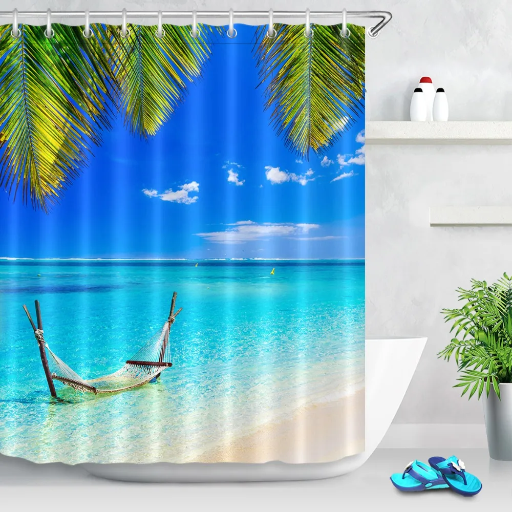 72''Bathroom Waterproof Fabric Shower Curtain 12 Hooks Sight Blocking Bath Accessory Sets Tropical beach hammock and leaves
72''Bathroom Waterproof Fabric Shower Curtain 12 Hooks Sight Blocking Bath Accessory Sets Tropical beach hammock and leaves