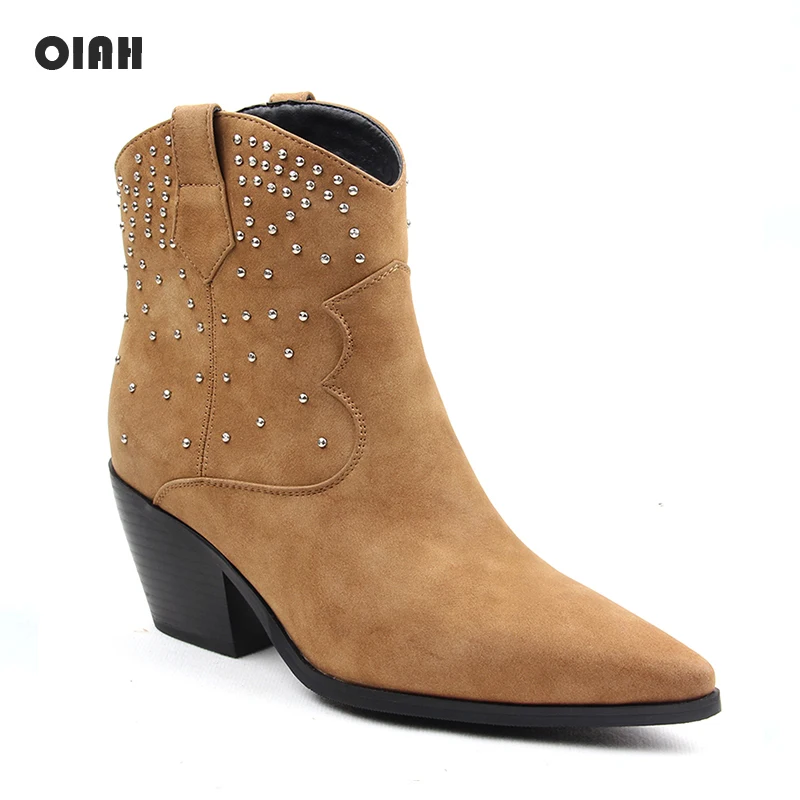 Fashion Women Ankle Boots Pointed Toe Western Cowboy Boots Women Chunky Wedges Boots Brown Flock Rivet Shoes for Ladies Slip on
Fashion Women Ankle Boots Pointed Toe Western Cowboy Boots Women Chunky Wedges Boots Brown Flock Rivet Shoes for Ladies Slip on