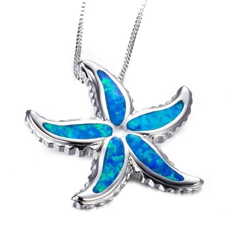 Фото Серебро белый синий опал подвеска Морская звезда ожерелье для женщин модные