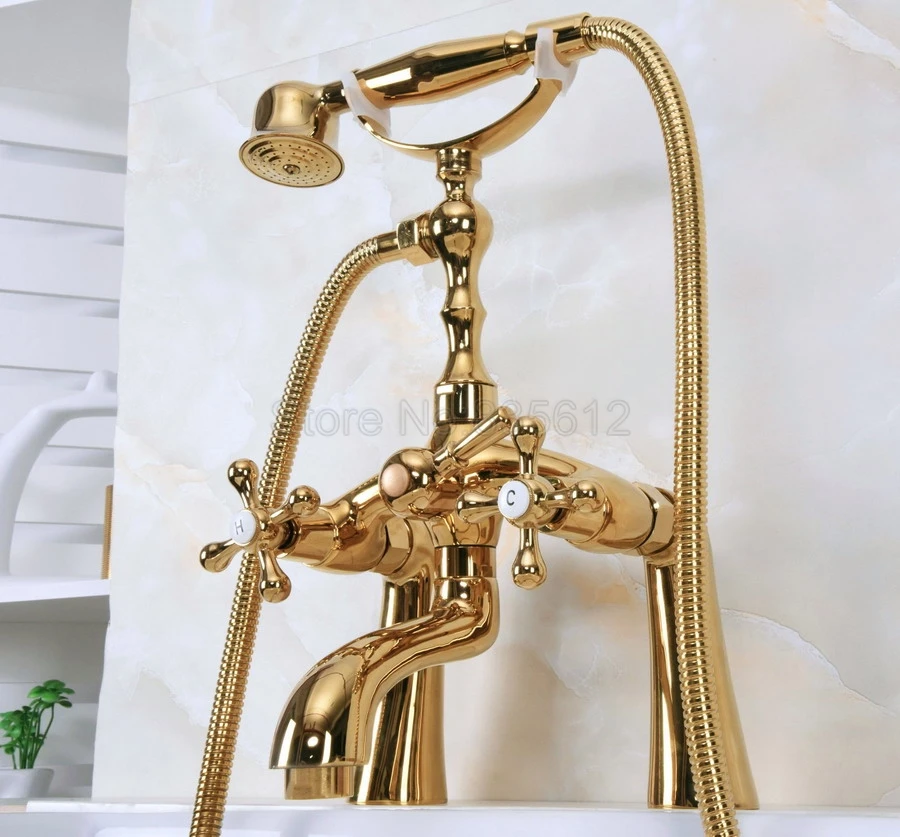 Deck Mounted Gold Color Brass Bathroom Tub Faucet Set + Hand Shower Head Luxury Dual Handle Shower Faucets tna145
Deck Mounted Gold Color Brass Bathroom Tub Faucet Set + Hand Shower Head Luxury Dual Handle Shower Faucets tna145