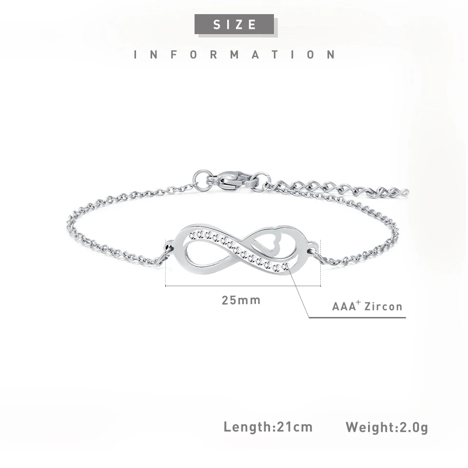 New Fashion Infinity Bracelets for Women with Crystal Stones Bracelet Infinity Number 8 Chain Bracelets Stainless Steel Jewelry
New Fashion Infinity Bracelets for Women with Crystal Stones Bracelet Infinity Number 8 Chain Bracelets Stainless Steel Jewelry