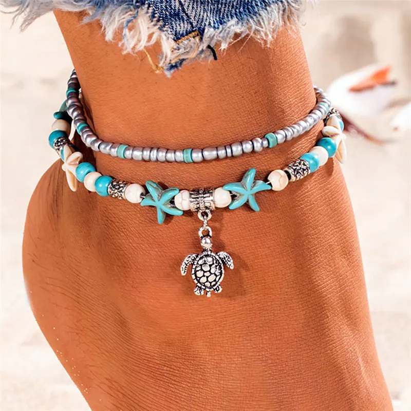 

Женский винтажный браслет в виде ракушек морской черепахи морской звезды, новый многослойный браслет на ногу ручной работы, богемное ювелирное изделие