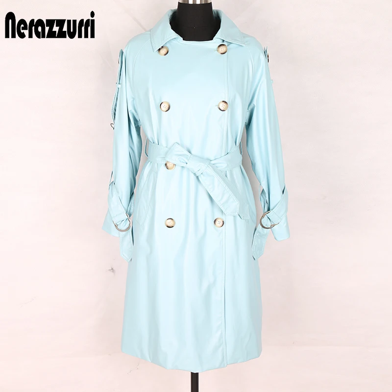 Nerazzurri кожаный тренч женский пальто для женщин ремень больших размеров