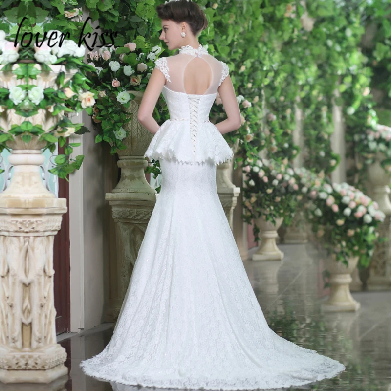 Lover Kiss Vestido De Noiva High Neck Beaded Cap Sleeve Wedding Dresses Beach Lace Dubai Kaftan Bridal Gown robe de mariee 2021 | Свадьбы и