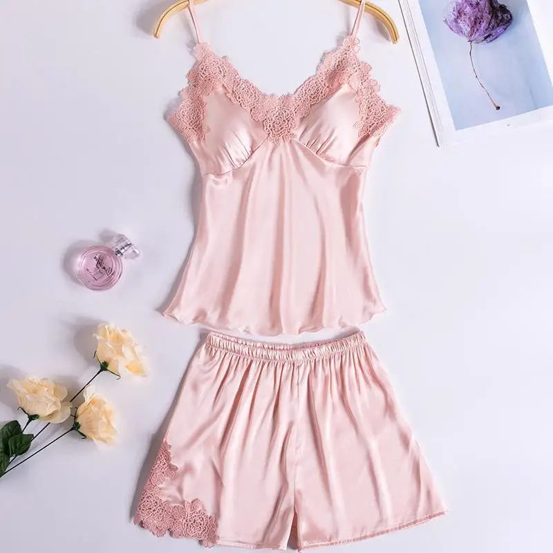 Satin Two Piece Pajamas Set Women's Lingerie Pyjamas Sleepwear Lace Silk Summer Clothes Nightie Home Suit Pads Pajmas
Satin Two Piece Pajamas Set Women's Lingerie Pyjamas Sleepwear Lace Silk Summer Clothes Nightie Home Suit Pads Pajmas
