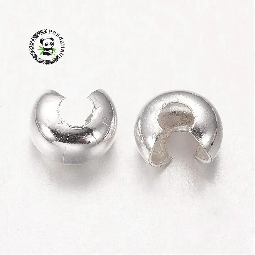 Brass Crimp Beads Covers, Nickel Free, Silver Color, Size: about 4mm wide, hole: 1.5~1.8mm 
Brass Crimp Beads Covers, Nickel Free, Silver Color, Size: about 4mm wide, hole: 1.5~1.8mm