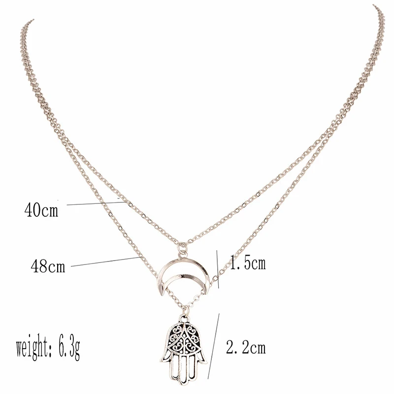 2 Pcs/Set Women Necklace Hollow Moon Farama Hand Pendant Multilayer Silver Color Set Bohemian Beach Party Jewelry | Украшения и