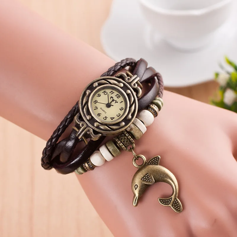 

CAY Bracelet Women Watches Dolphin Pendant Retro Geneva Weave PU Leather Quartz Wrist Watch Woman Relogio Feminino