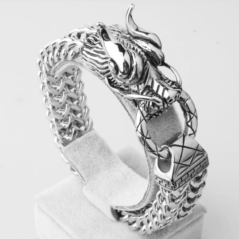 Fashion Men's Boy's Casting Cuff Bangle Bracelets Jewelry Stainless Steel Silver Color 3D Dragon Head Figaro Chain Punk Style |