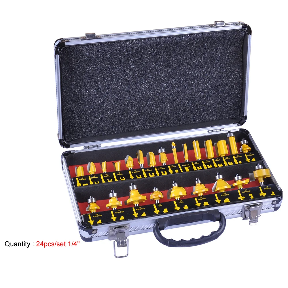 24pcs/set 1/4"(6.35mm) Shank Milling Cutter Tungsten Carbide Router Bit Set Wood Woodworking Cutter Trimming Knife Hand Machine
24pcs/set 1/4"(6.35mm) Shank Milling Cutter Tungsten Carbide Router Bit Set Wood Woodworking Cutter Trimming Knife Hand Machine