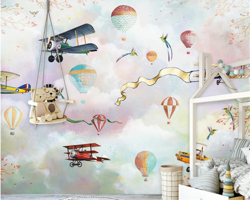 

Beibehang Custom children's room decoration wallpaper cartoon hot air balloon cherry blossom Retro airplane clouds 3d wallpaper