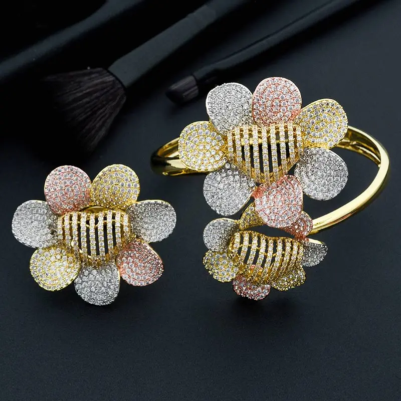 ModemAngel Sun Flowers Full Micro Paved Cubic Zircon 3Tone Copper Wedding Engagement Bridal Party Bangle And Ring Set
ModemAngel Sun Flowers Full Micro Paved Cubic Zircon 3Tone Copper Wedding Engagement Bridal Party Bangle And Ring Set