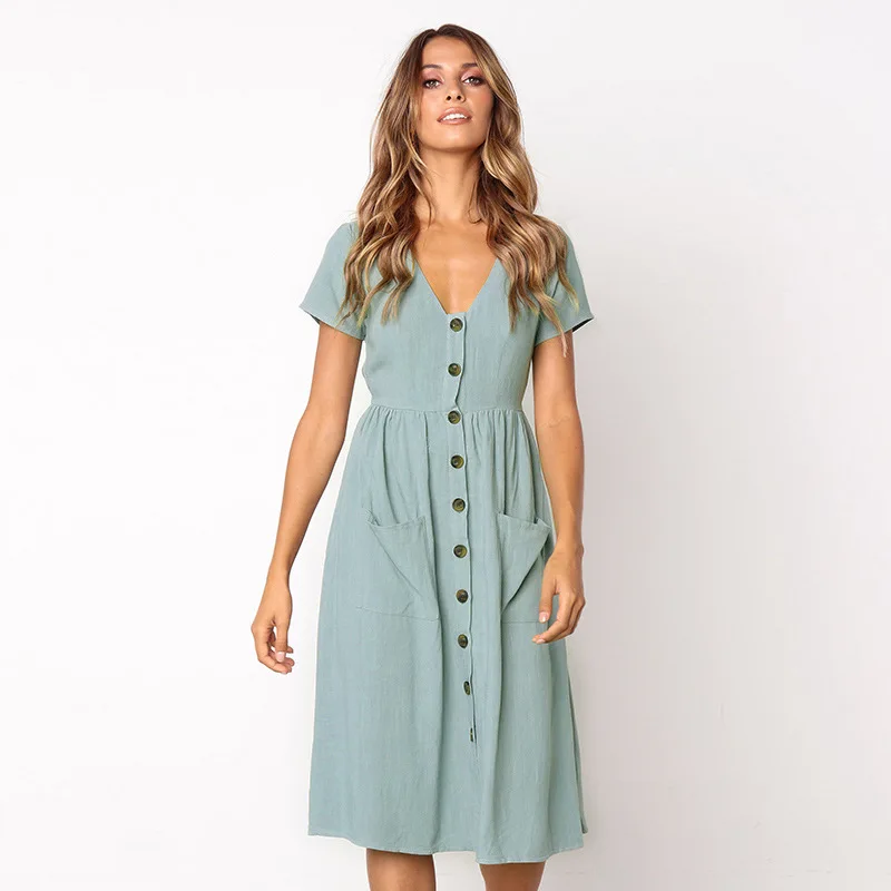 2019 Summer Plus Size Dress Women's button Casual Short Sleeve V Neck Loose fashion v-neck button wild pocket women's Dress
2019 Summer Plus Size Dress Women's button Casual Short Sleeve V Neck Loose fashion v-neck button wild pocket women's Dress