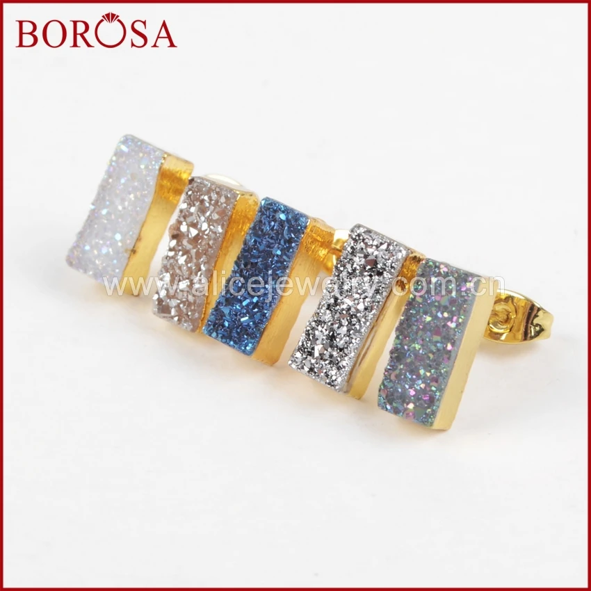 BOROSA Gold Color Rectangle Titanium Natural Stone Druzy Earrings for Women Drusy Geode Stud Gems Jewelry G1223 | Украшения и