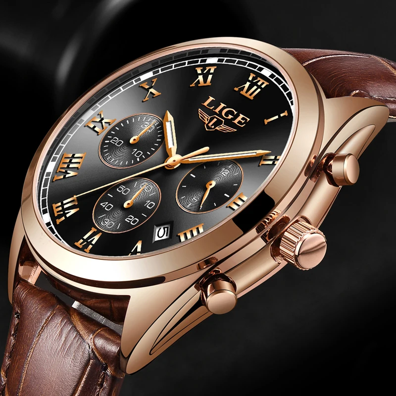LIGE хронограф мужские часы Relogio Masculino коричневые кожаные бизнес Кварцевые