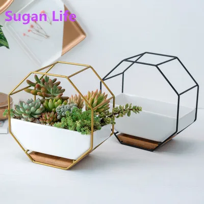 

Новый металлический железный стеллаж, белый керамический горшок для растений, простой восьмиугольный геометрический настенный Стандартны...