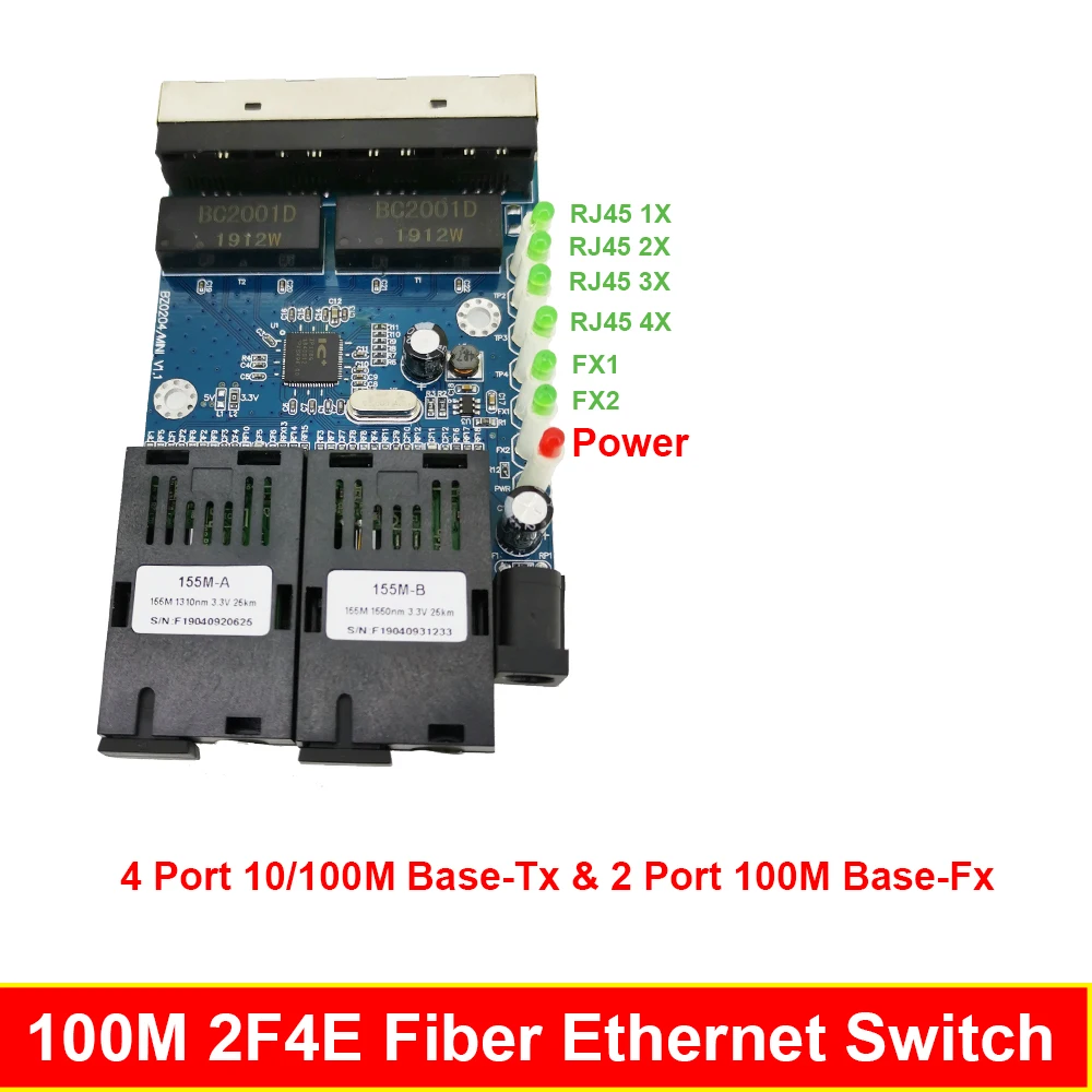 100 м Быстрая Erhetnet 2F4E 10/100M Ethernet коммутатор 2 волокна Порты и разъёмы SC 25 км 4 UTP RJ45