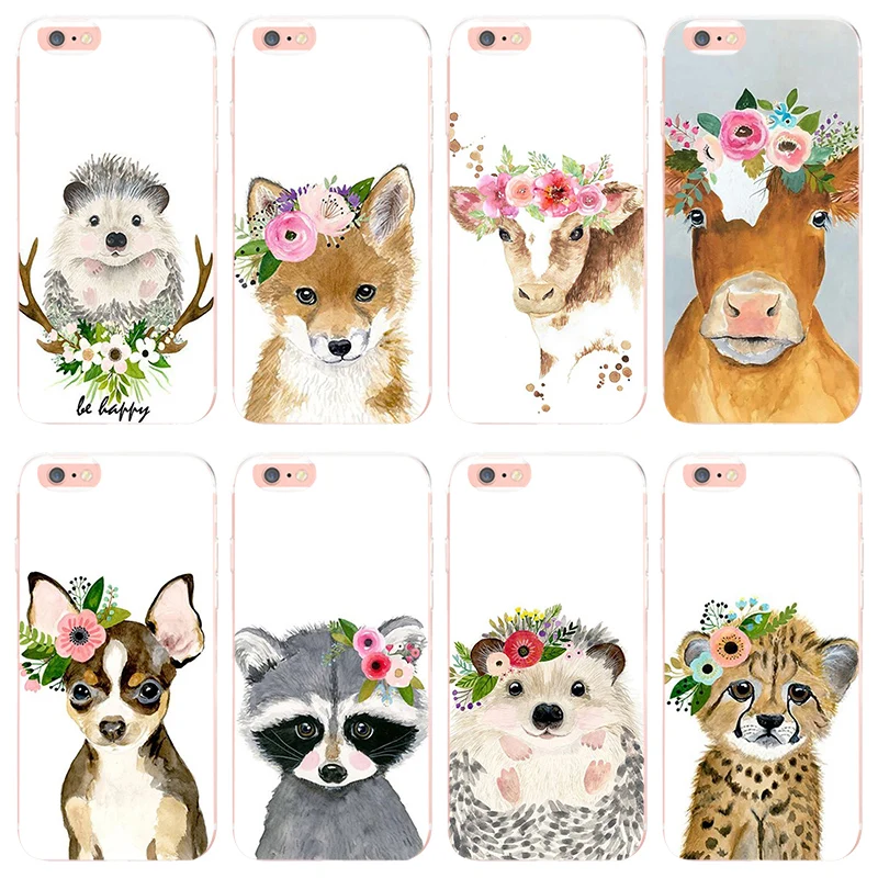 Животное голова носить цветы Ежик корова собака лиса для iphone 6s 6plus 5 5s SE чехол 7 8plus X