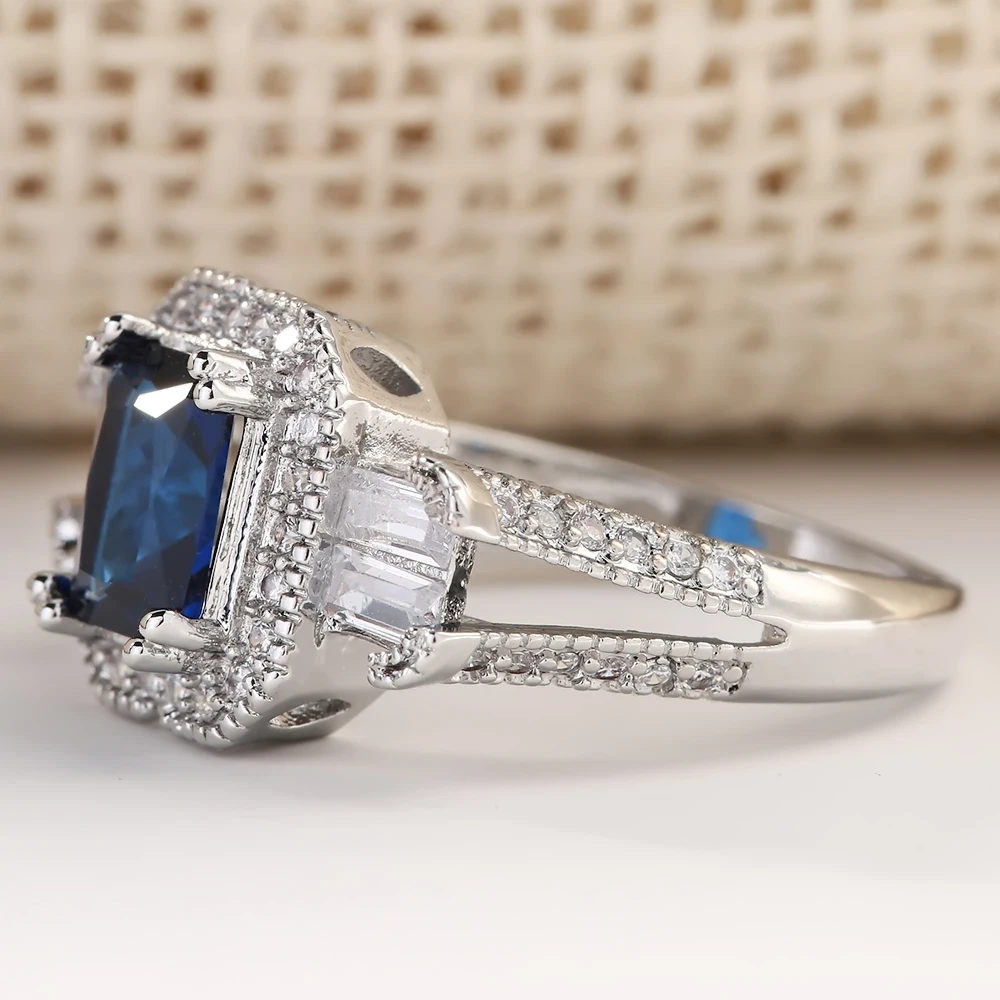2017 summer fashion blue crystal ring for women 2ct large suqare birthstone zircon band trend jewelry shiny female bague | Украшения и