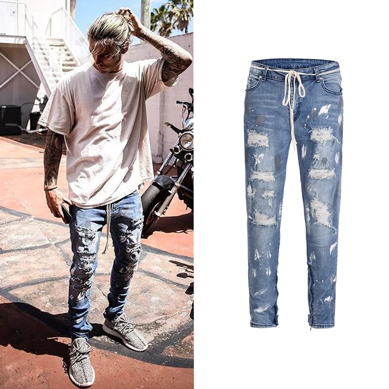 

2018 New Arrivals fashion mens denim jeans pants cool blue jogger damage splash-ink stretch distressed ripped skinny Casual