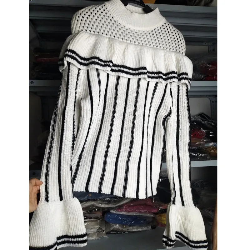 Flare Sleeve Striped Sweater Women Autumn Korean Fashion Shoulder Hollow Out Knitted Ruffle Sweater Pullovers Ladies Jumpers
Flare Sleeve Striped Sweater Women Autumn Korean Fashion Shoulder Hollow Out Knitted Ruffle Sweater Pullovers Ladies Jumpers