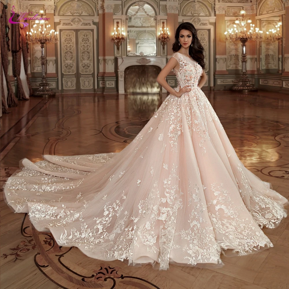 Waulizane Scoop Neckline Of Nude Color A Line Wedding Dress With Elagant Appliques And Lace Of Chapel Train
Waulizane Scoop Neckline Of Nude Color A Line Wedding Dress With Elagant Appliques And Lace Of Chapel Train