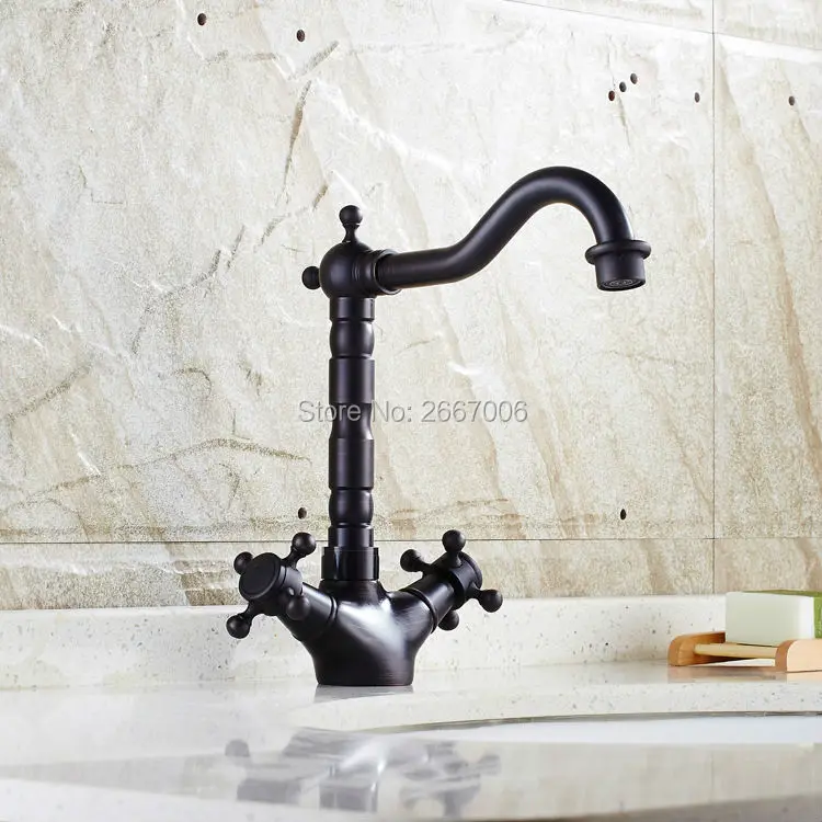 

GIZERO High Quality Bathroom Sink Mixer Black Bronze Finish Dual Handle with Swivel Spout Hot&Cold Water Deck Mounted GI640