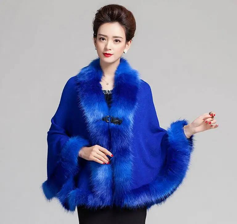 Faux Fox Fur Mixed color Poncho Coat Autumn Winter Fashion Knitted Cardigan Wool Cashmere Sweater Womens Capes and Ponchoes MY27 |