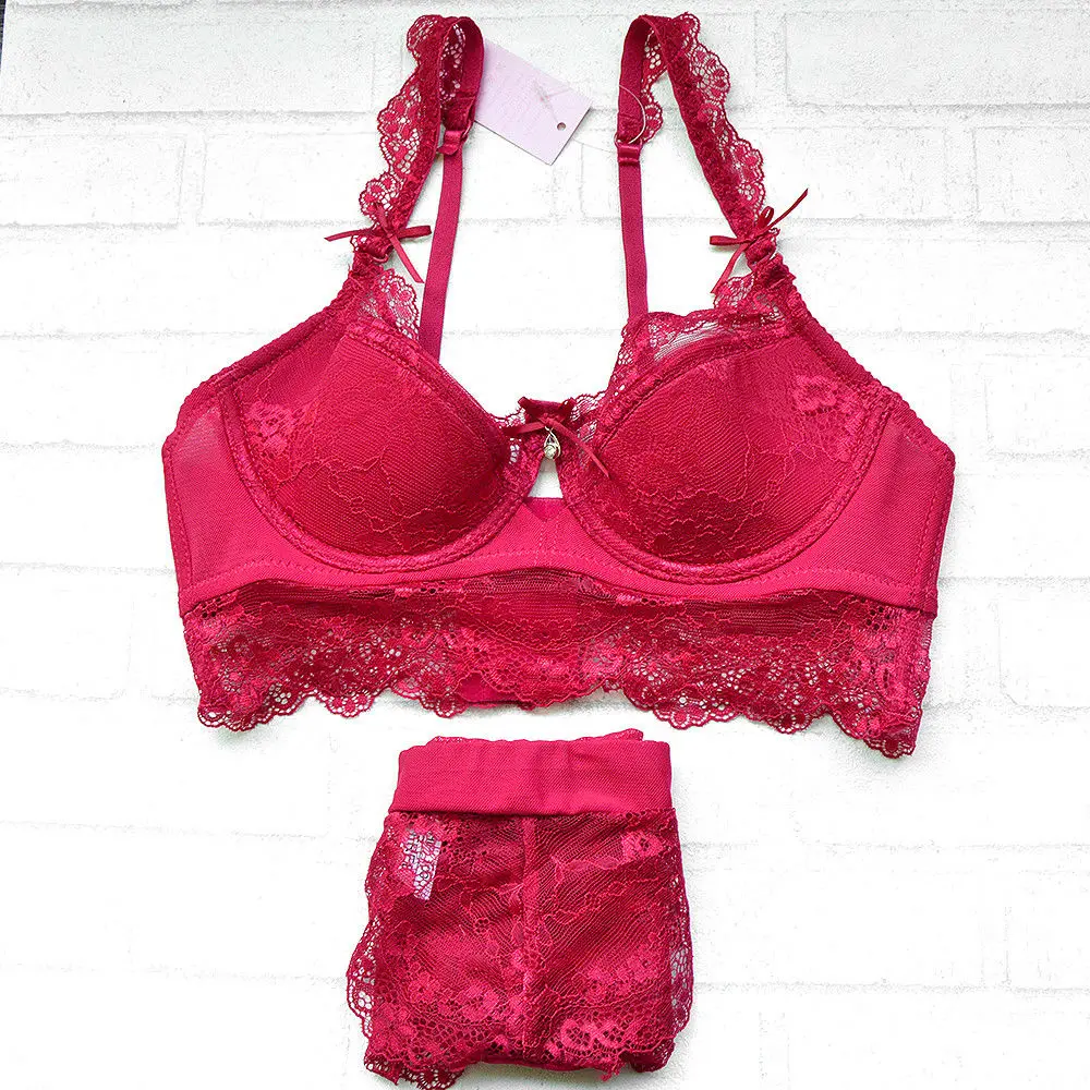 

YANDW Red Lace Bra Sets Plunge Sexy Lingerie Ultra-thin Bra Floral Brief Sets Panty Women Push Up Bras A B C D 70 75 80 85 90 95