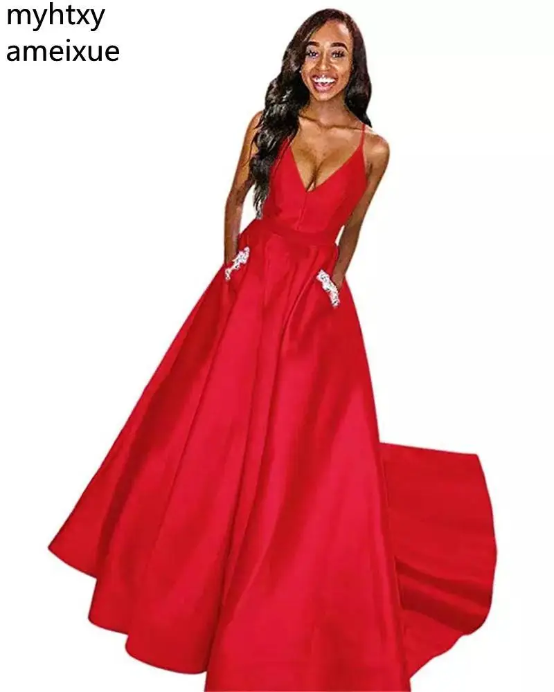 New V-neck Spaghetti Straps A-line Crystal Beaded Satin Women Multicolor Evening Dresses Pocket Simple Style Party Prom Gown
New V-neck Spaghetti Straps A-line Crystal Beaded Satin Women Multicolor Evening Dresses Pocket Simple Style Party Prom Gown