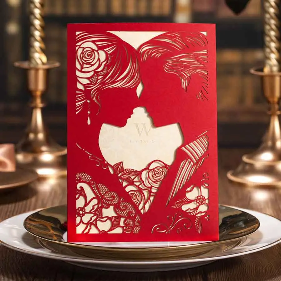 50PCS Red Laser Cut Wedding Invitations Kits with Bride and Groom Kiss Invited Cards Engagement for Marriage Bridal Shower CW020
50PCS Red Laser Cut Wedding Invitations Kits with Bride and Groom Kiss Invited Cards Engagement for Marriage Bridal Shower CW020