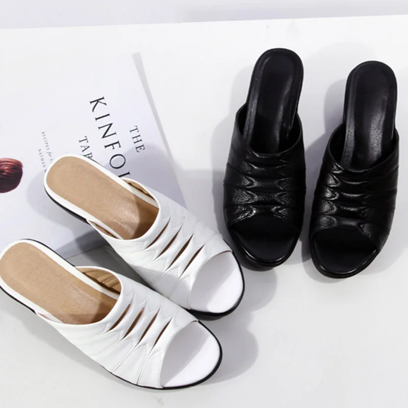 JK Pleated Slippers Women Peep Toe Footwear Pu High Heels Shoes Slides Female Casual Mules Platform Woman Summer 2019 New | Обувь
