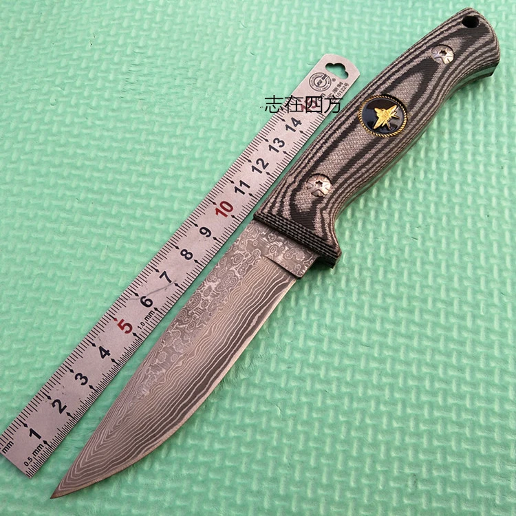 Охотничий нож из дамасской стали с фиксированным лезвием и кожаной ручкой|knife