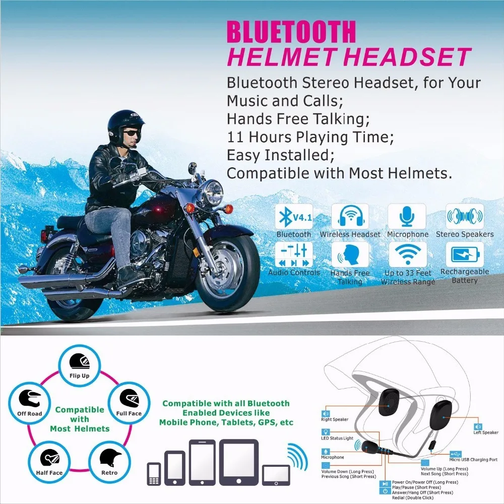 Беспроводные bluetooth-наушники гарнитура для шлема совместимая с мотоциклетным