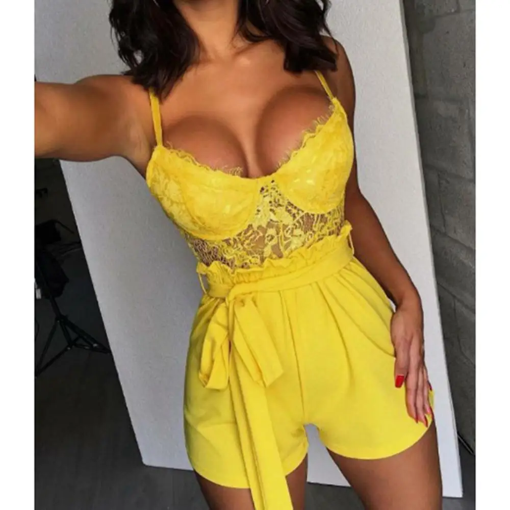 spaghetti straps Playsuit Summer Fashion Women LaceTank Top Casual bow bodysuits large size Short party streetwear body LS*D | Женская