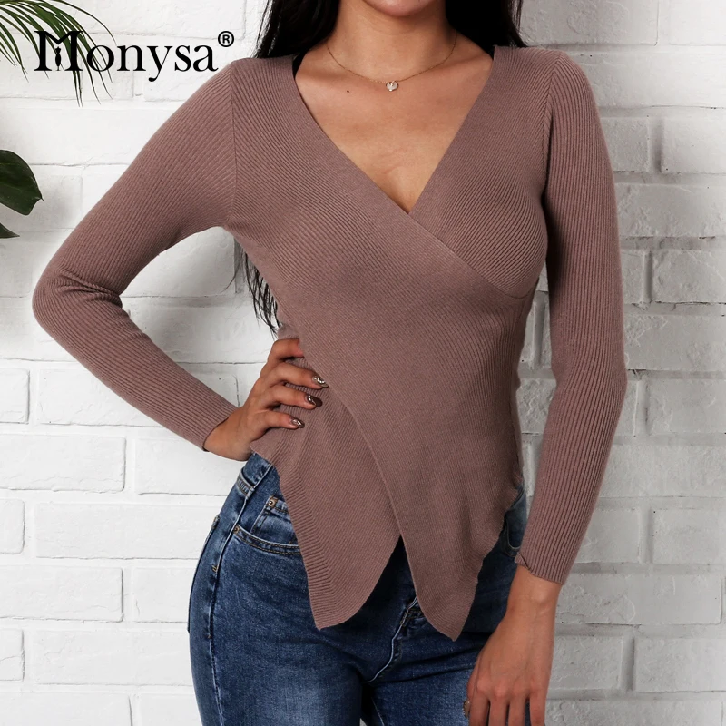 Свитера Мода 2018 Для Женщин Осенние Пуловеры с v-образным вырезом и длинным