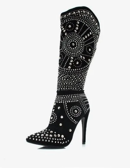 Hot Sale Black Brown Leather Pointed Toe Knee High Boots Bling Crystal Embellished High Thin Heel Stiletto Winter Boots
Hot Sale Black Brown Leather Pointed Toe Knee High Boots Bling Crystal Embellished High Thin Heel Stiletto Winter Boots