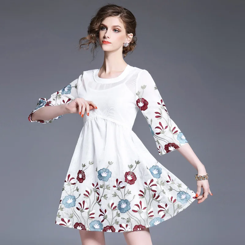 Фея Мини платья Летняя мода Половина рукава сетчатые 2017 белые цветы Вышивка