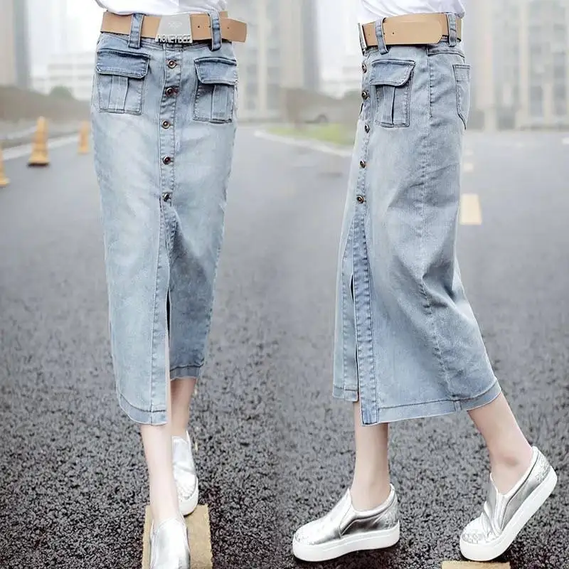 Фото Женская джинсовая юбка Повседневная Длинная карандаш с высокой талией
