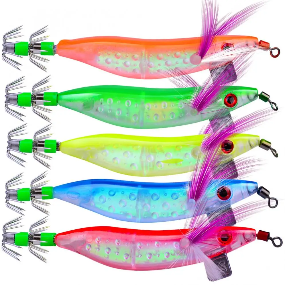 

5pcs/lot Luminous Shrimp Squid Octopus Lure Bait Fishing Jigs Hook Lures 10cm 8g 5 Colors Noctilucent Shrimp Baits