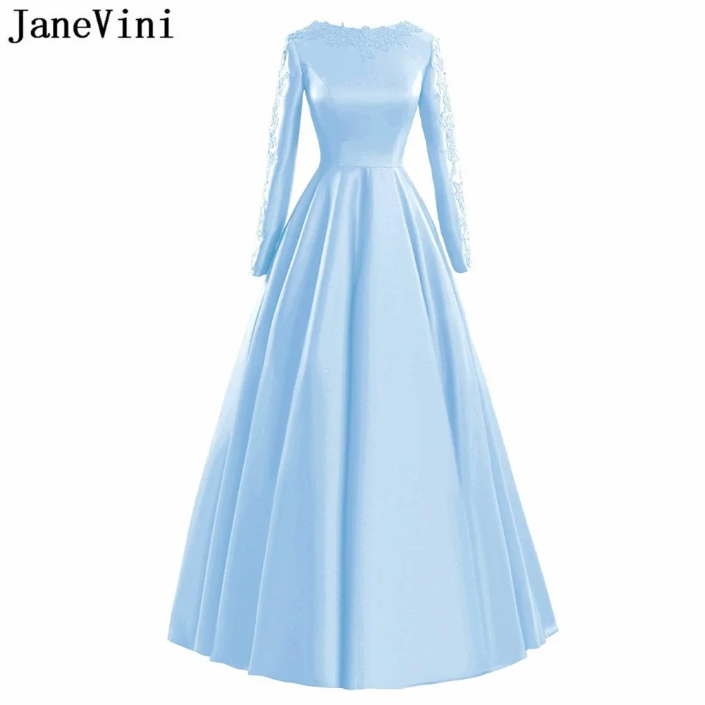 JaneVini Simple Sky Blue Long Sleeves Bridesmaid Dresses A Line Lace Appliques Sweep Train Satin Formal Prom Gowns Zipper Back
JaneVini Simple Sky Blue Long Sleeves Bridesmaid Dresses A Line Lace Appliques Sweep Train Satin Formal Prom Gowns Zipper Back
