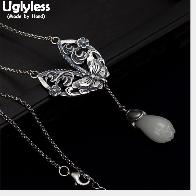 

Uglyless 100% Real 925 Sterling Silver Ethnic Handmade Butterfly Necklaces Jade Magnolia Tassel Pendants With Chains Thai Silver