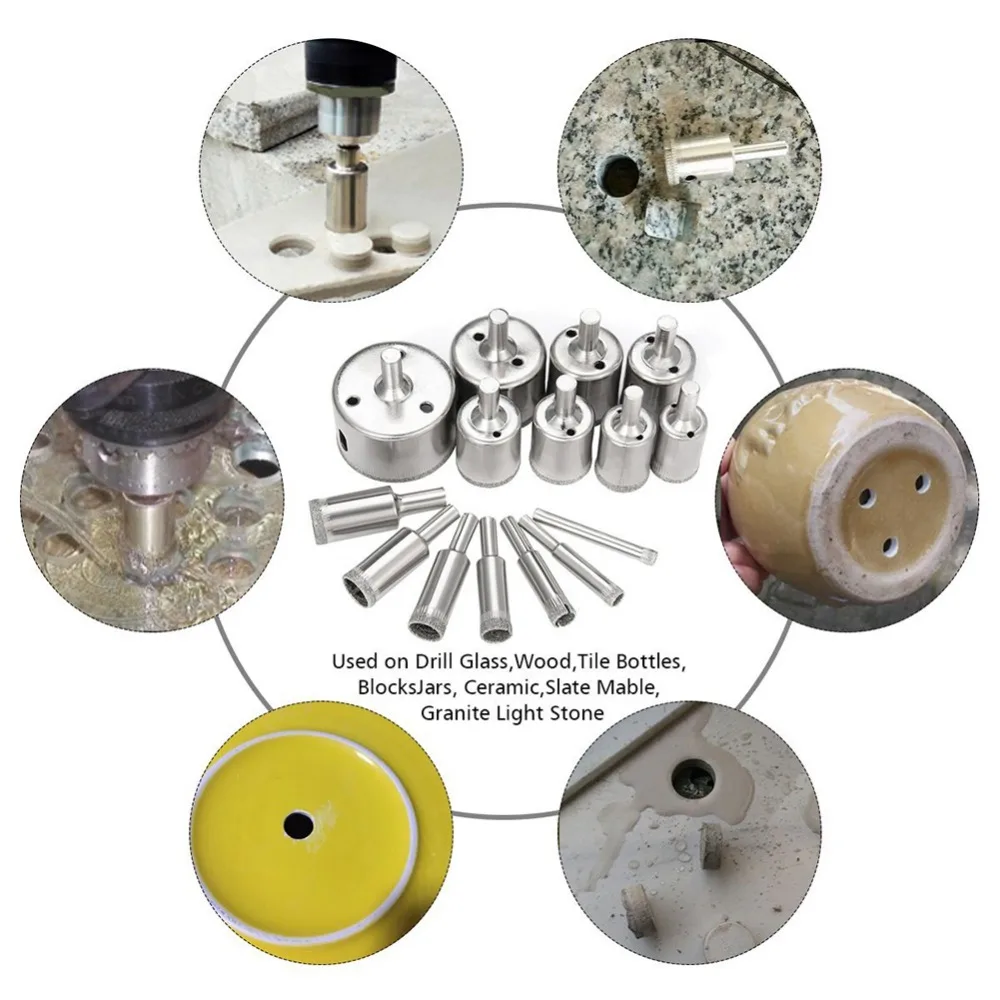 15Pcs 6-50mm Diamond Drill Bit Set Hole Cutter Drill Bit Hole Saw Set Tools for Marble Bottles Ceramic Tile Glass Cutters