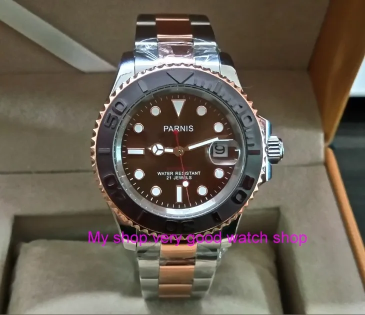 41MM PARNIS Coffee color dial 21 jewels Automatic Self-Wind movement Ceramic bezel Sapphire Crystal luminous men's watch PA24-8
41MM PARNIS Coffee color dial 21 jewels Automatic Self-Wind movement Ceramic bezel Sapphire Crystal luminous men's watch PA24-8