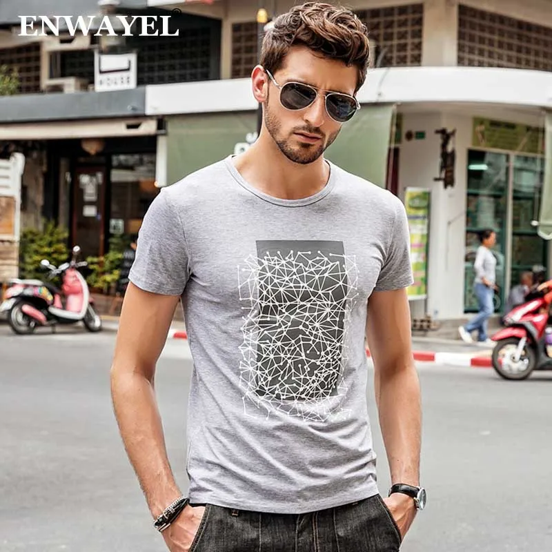 ENWAYEL Brand 2018 New Summer T Shirt Men Mesh Print Casual Fashion Slim Fit Stretch Top Tees Short sleeve 94% Cotton | Мужская одежда