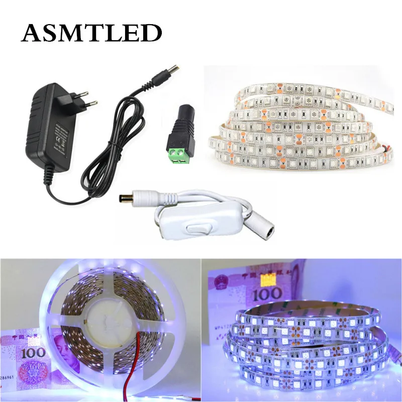 

1M 2M 3M 4M 5M 5050SMD UV LED Strip Set DC12V 60LEDs/M White/Black PCB LED Tape light +1/2/3/4/5A Power Adapter +Connect +Switch