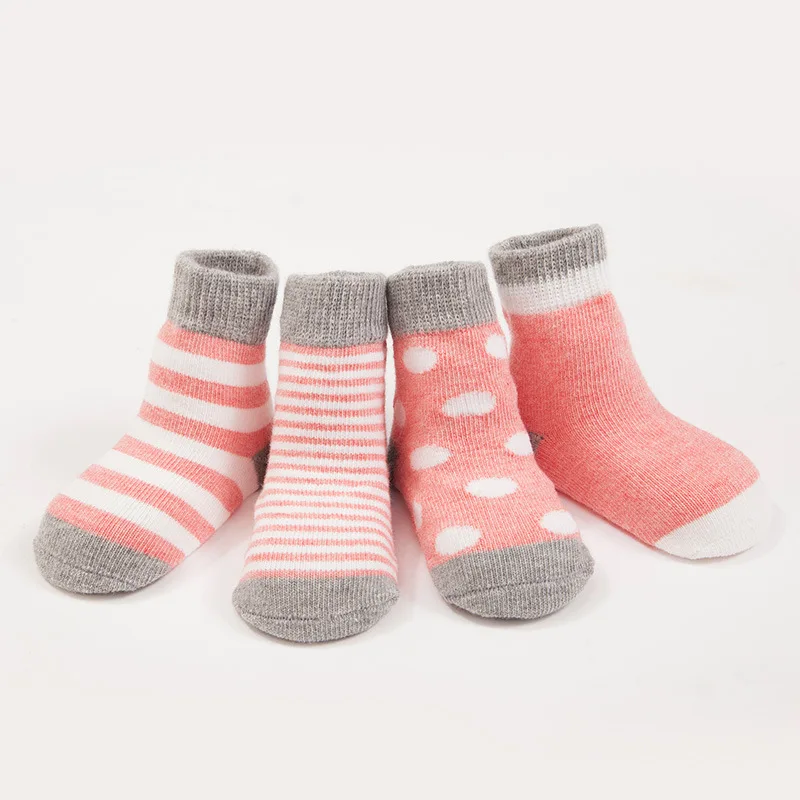 4 Pairs Winter Spring Autumn Warm Thickened Cotton Socks Polka Dots Striped Newborn Baby Boys and Girls Infant Sock for 0-3 Age |